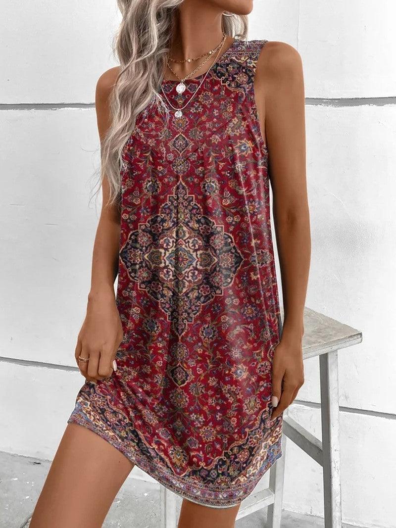 Women’s A-Line Sundress – Boho Print – Sleeveless Relaxed Fit – Round Neck Casual Style