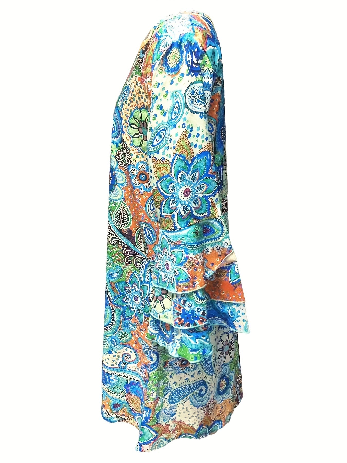 Women's Dress - V-Neck - Long Sleeve - Flowy Lightweight Paisley Boho Style