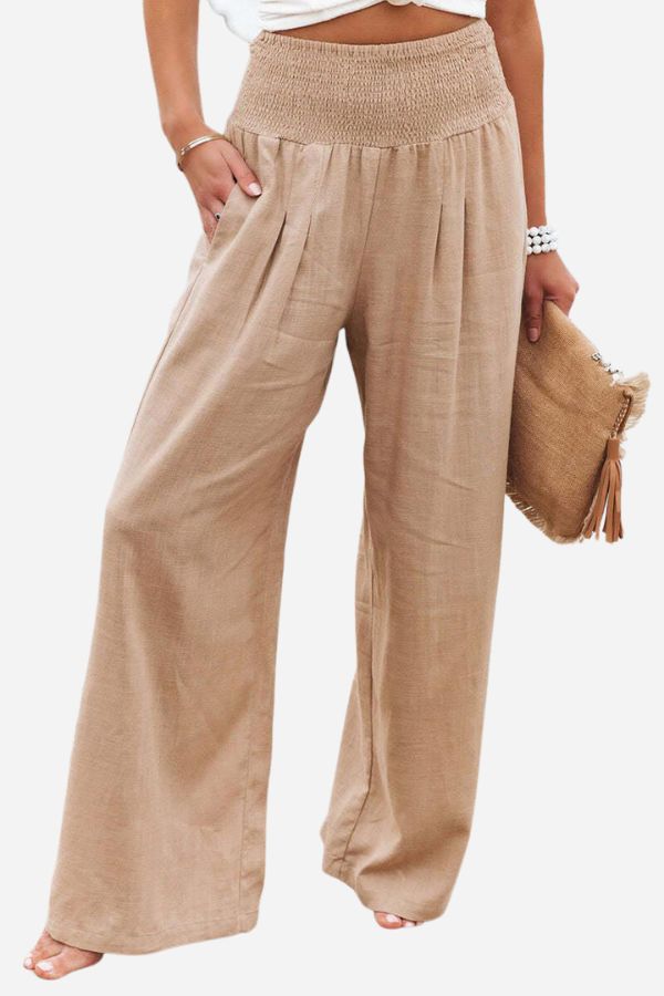 Women's Wide-Leg Trousers - High-Waisted Smocked Waist - Lightweight & Flowing Fit