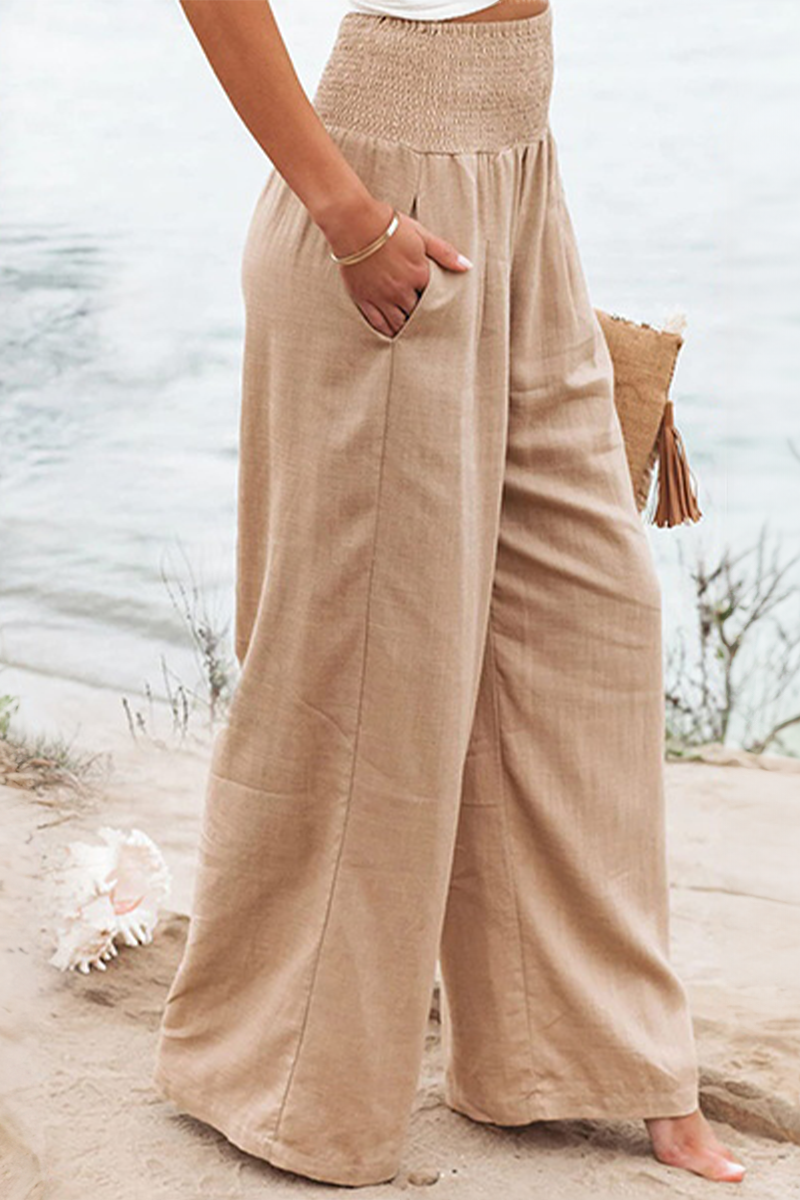 Women's Wide-Leg Trousers - High-Waisted Smocked Waist - Lightweight & Flowing Fit