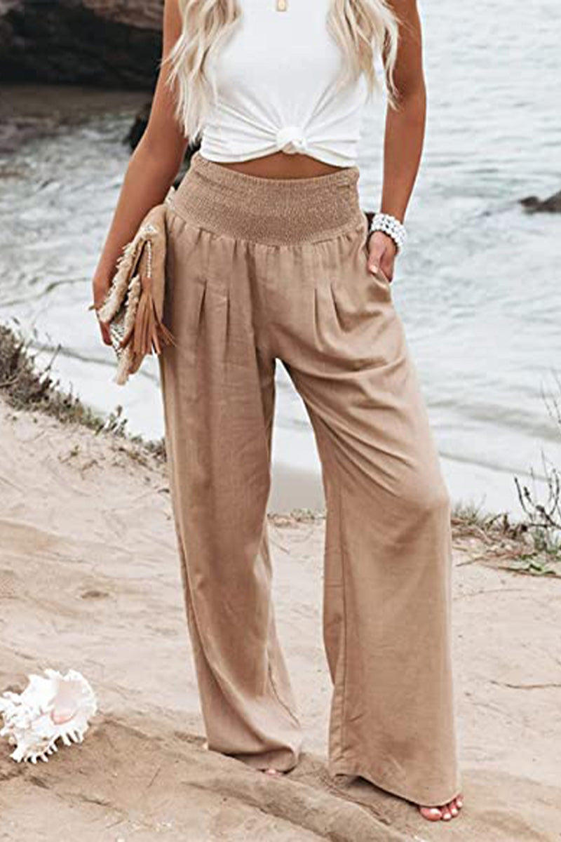Women's Wide-Leg Trousers - High-Waisted Smocked Waist - Lightweight & Flowing Fit