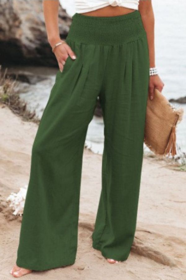 Women's Wide-Leg Trousers - High-Waisted Smocked Waist - Lightweight & Flowing Fit