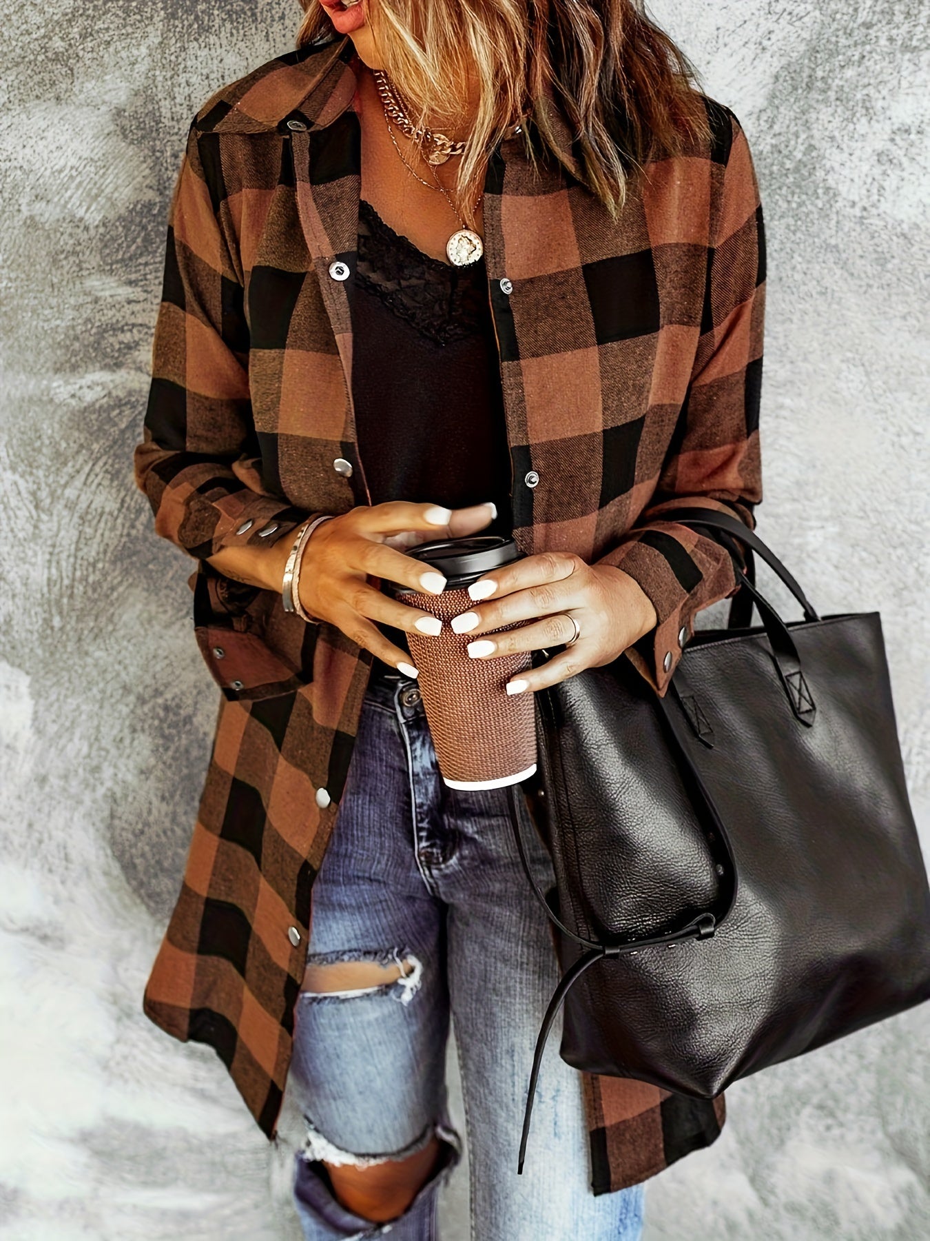 Women's Plaid Shirt - Long Sleeve Button-Up - Relaxed Fit - Soft Woven Fabric