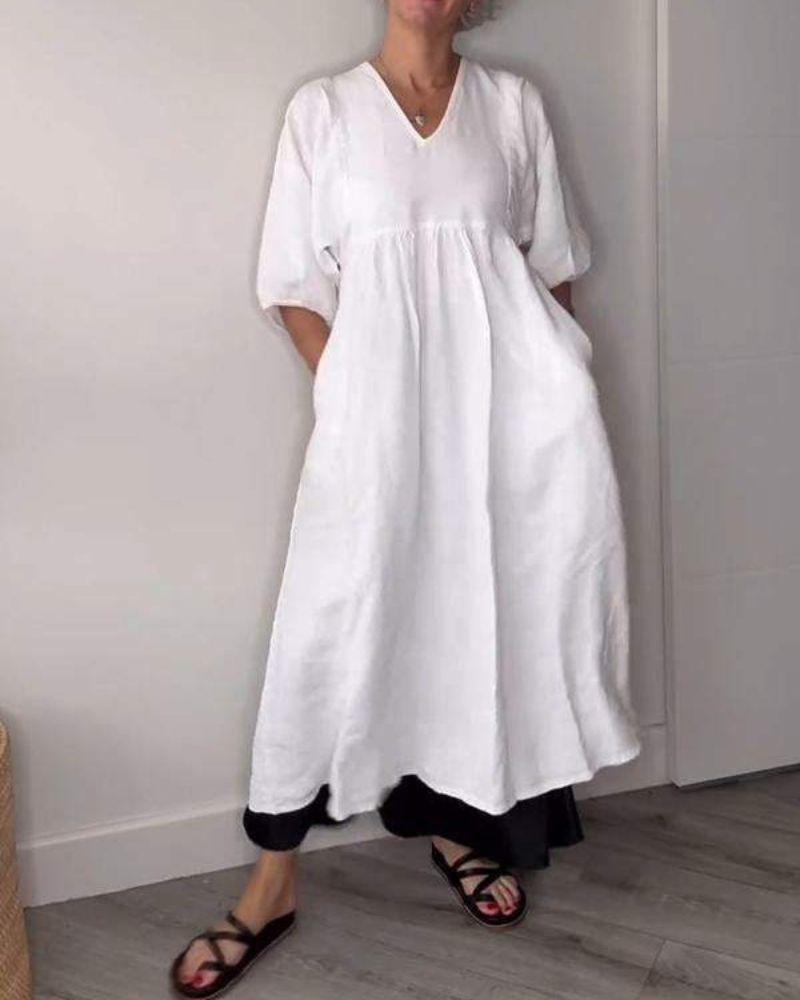 Women’s Mid-Length Dress – V-Neck – Relaxed A-Line Fit – Lightweight Cotton – With Pockets
