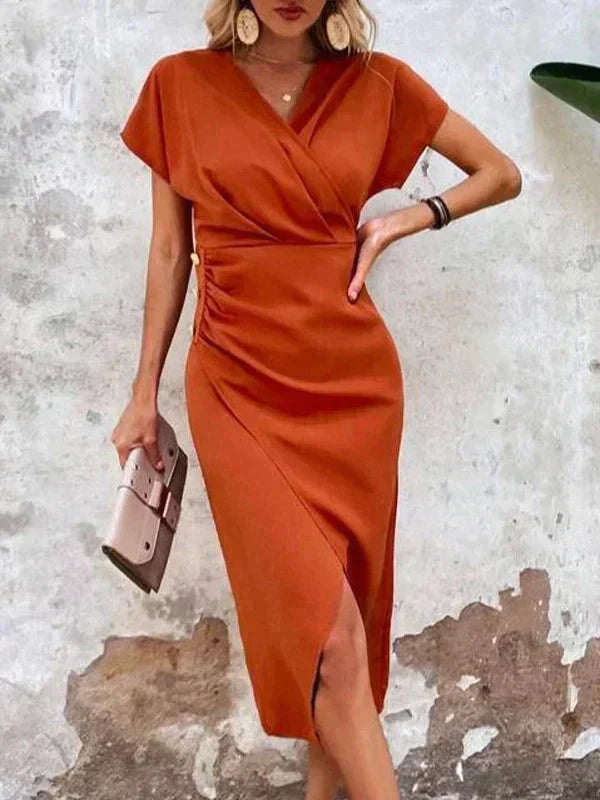 Women's Wrap Dress - V-Neck - Short Sleeve - Fitted Waist - Elegant Midi Length