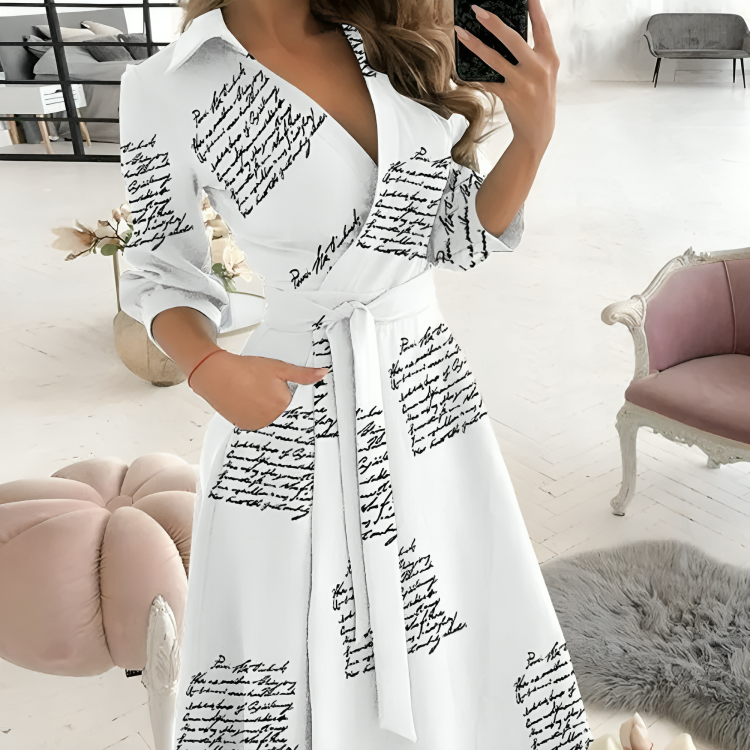 Women's Wrap Dress - V-Neck - Self-Tie Waist - 3/4 Sleeve - Flowy A-Line Silhouette