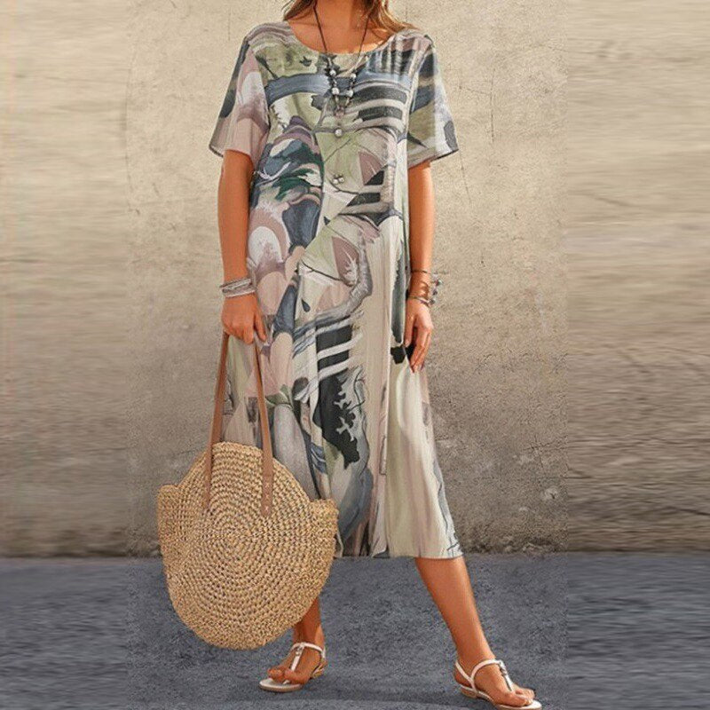 Women’s Casual Dress – Loose Fit – Short Sleeve – Abstract Pattern – Mid-Length