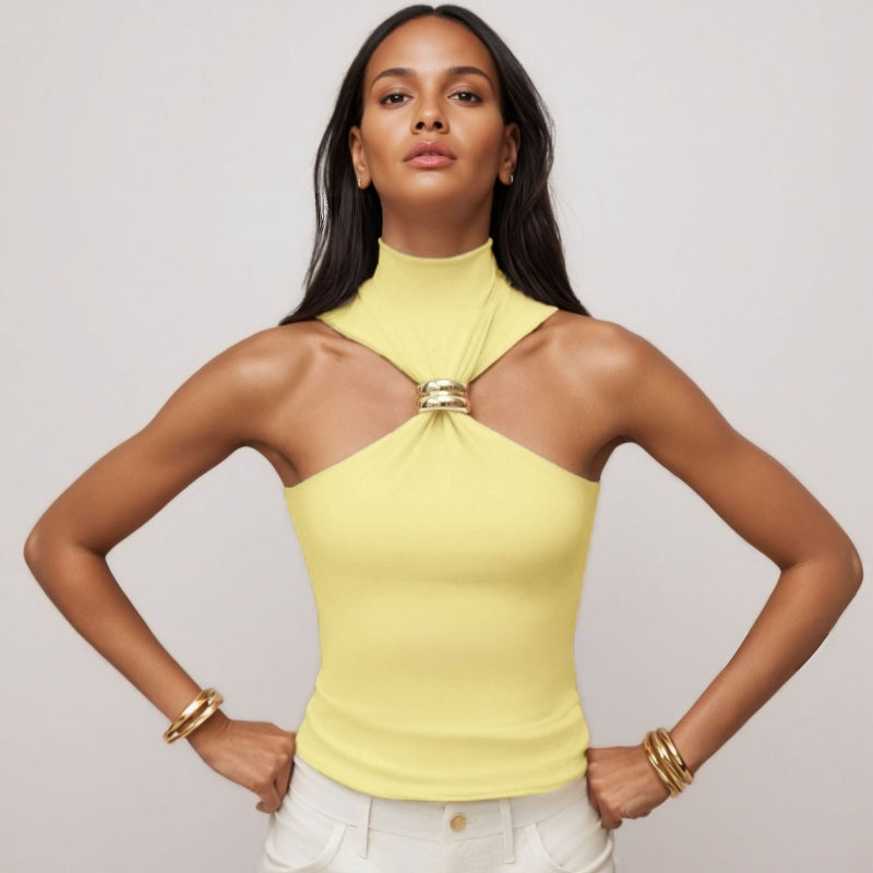 Women’s Tank Top – Slim Fit Halter – Mock Neck Soft Knit with Metal Ring Detail