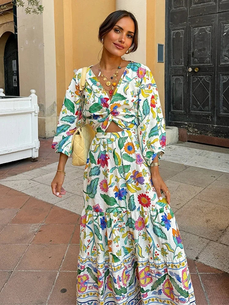 Women's Maxi Dress - Bohemian Style - V-Neck Wrap - Long Sleeve Tiered Skirt