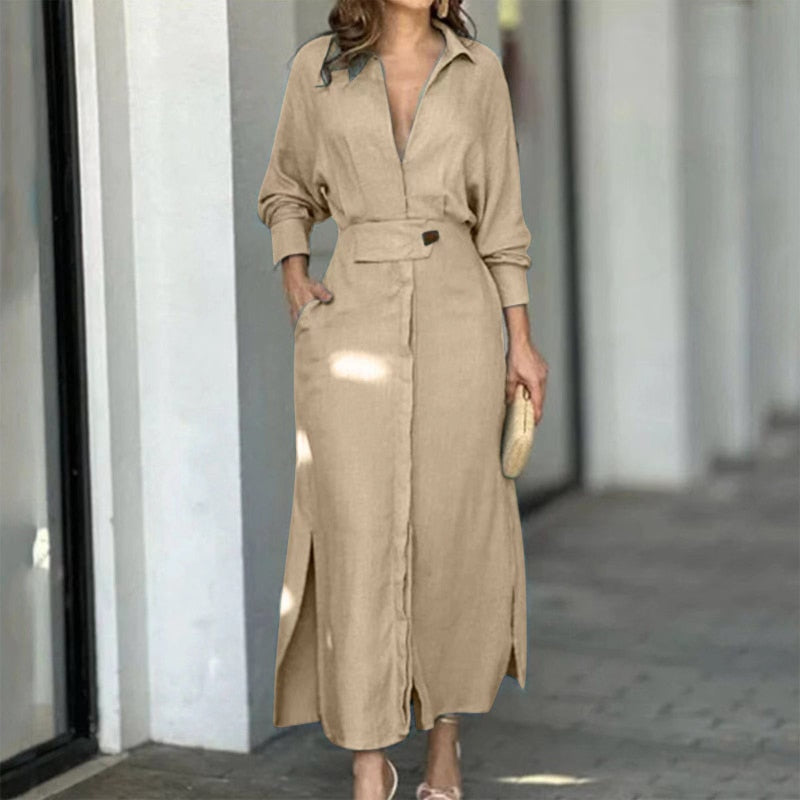 Women's Maxi Shirt Dress - Linen Blend - Button Down - Belted Waist - Long Sleeve