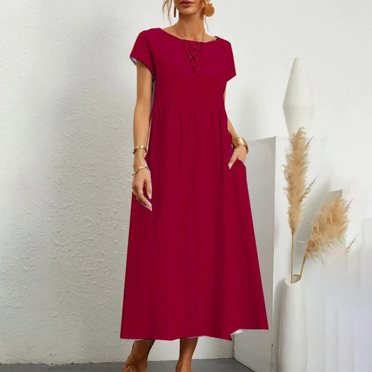 Women's Linen Maxi Dress - Short Sleeve - Round Neck - Empire Waist - Relaxed Fit