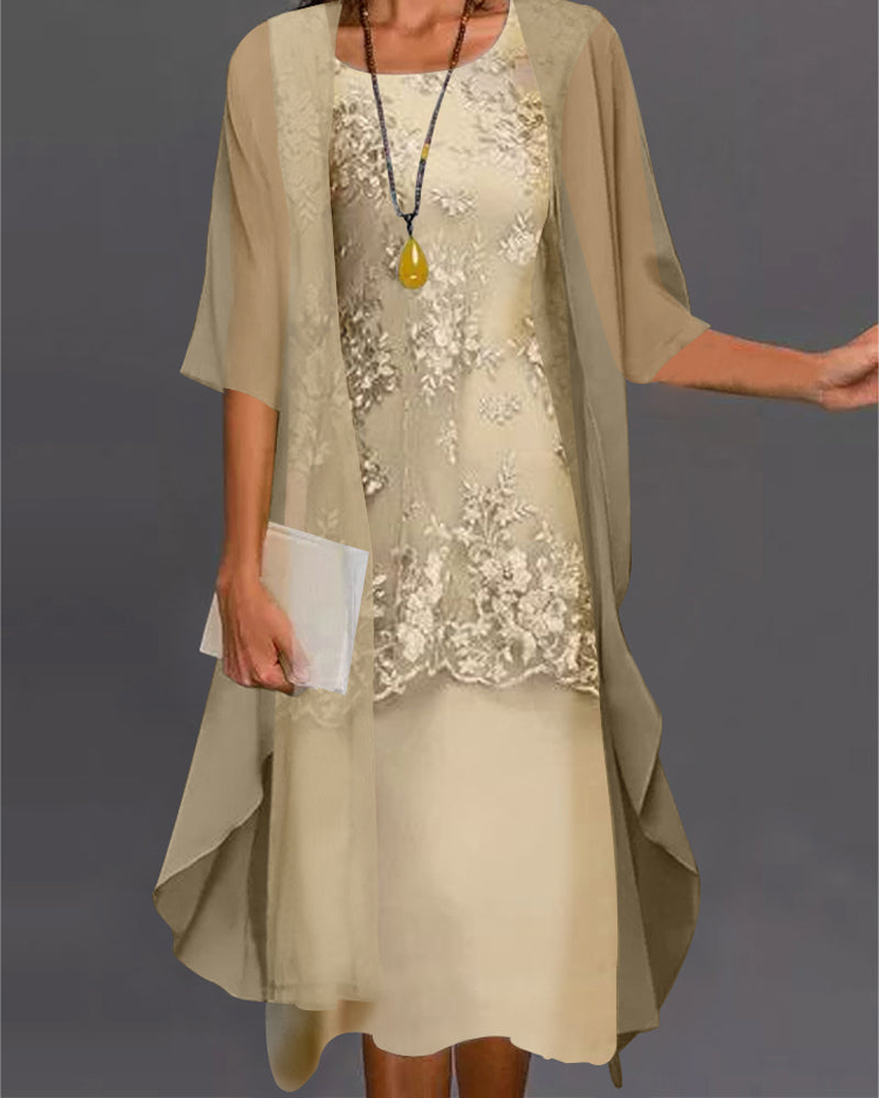 Women's Two-Piece Dress – Lace Overlay – Knee-Length – Elegant Formal Outfit