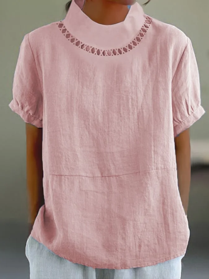 Women’s Blouse – Relaxed Fit – Short Sleeve Rolled Cuffs – Decorative Cutout Neckline – Breathable Blend