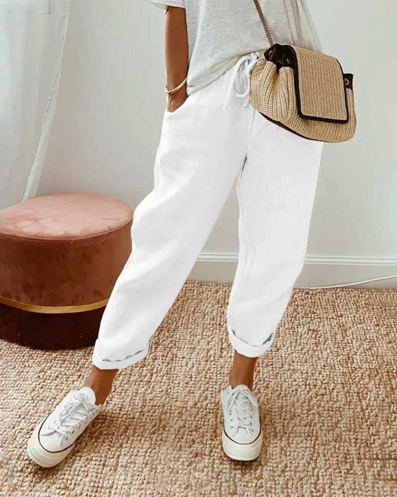 Women's Trousers - Relaxed Fit - Drawstring Waist - Casual Everyday Comfort