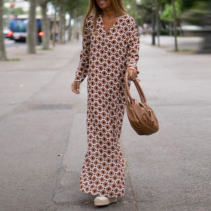 Women’s Maxi Dress – Loose Fit – V-Neck – Long Sleeve – Side Slits – Bold Print