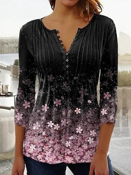Women’s Floral Top – Relaxed Fit – V-Neck – 3/4 Sleeve – Breathable Blend – Pleated Detail