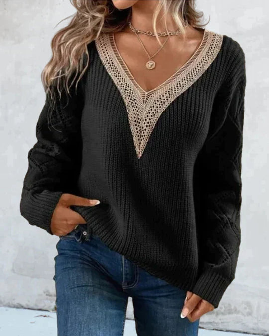 Women’s V-Neck Sweater – Soft Knit – Relaxed Fit – Lace Trim – Open Knit Sleeves