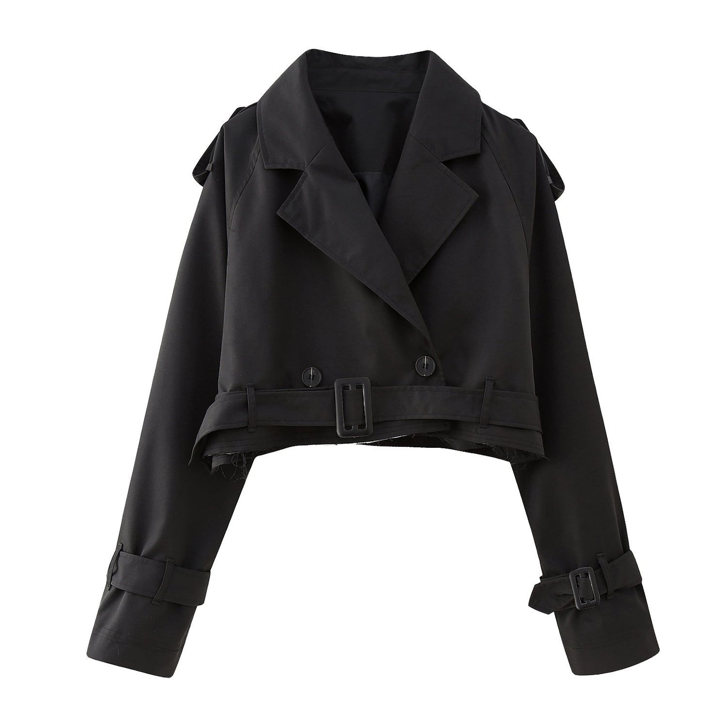 Women’s Cropped Trench Coat – Relaxed Fit – Double-Breasted – Belted Cuffs – Boxy Silhouette