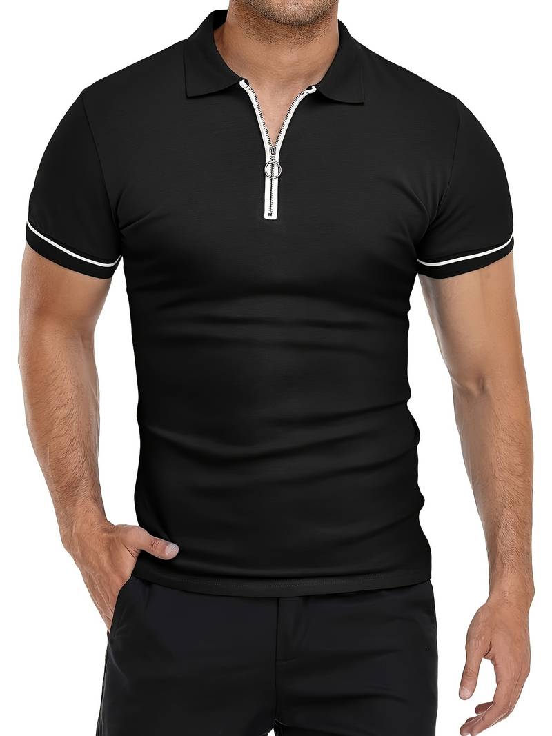 Men’s Polo Shirt – Slim Fit – Short Sleeve – Quarter Zip – Stylish Contrast Detail