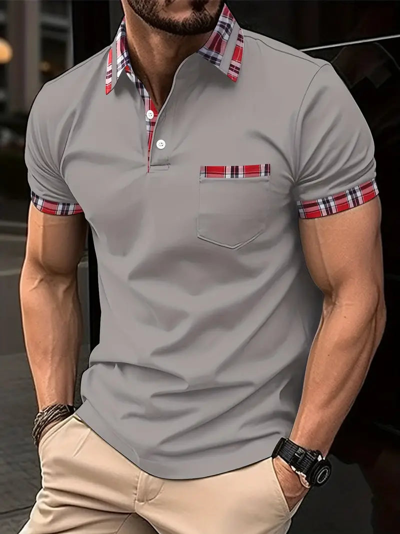 Men’s Polo Shirt – Plaid Trim Collar – Short Sleeve – Button Placket – Chest Pocket