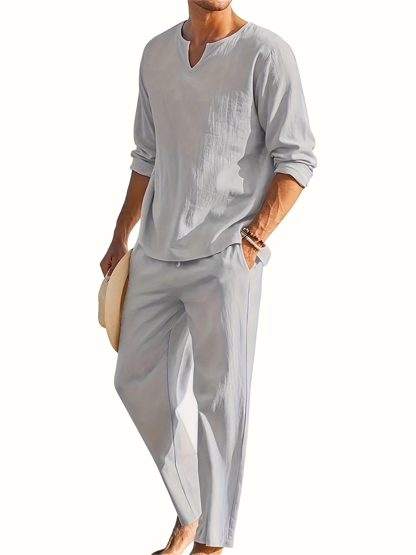 Men's Casual Two-Piece Outfit - V-Neck Long Sleeve Top & Relaxed Fit Trousers