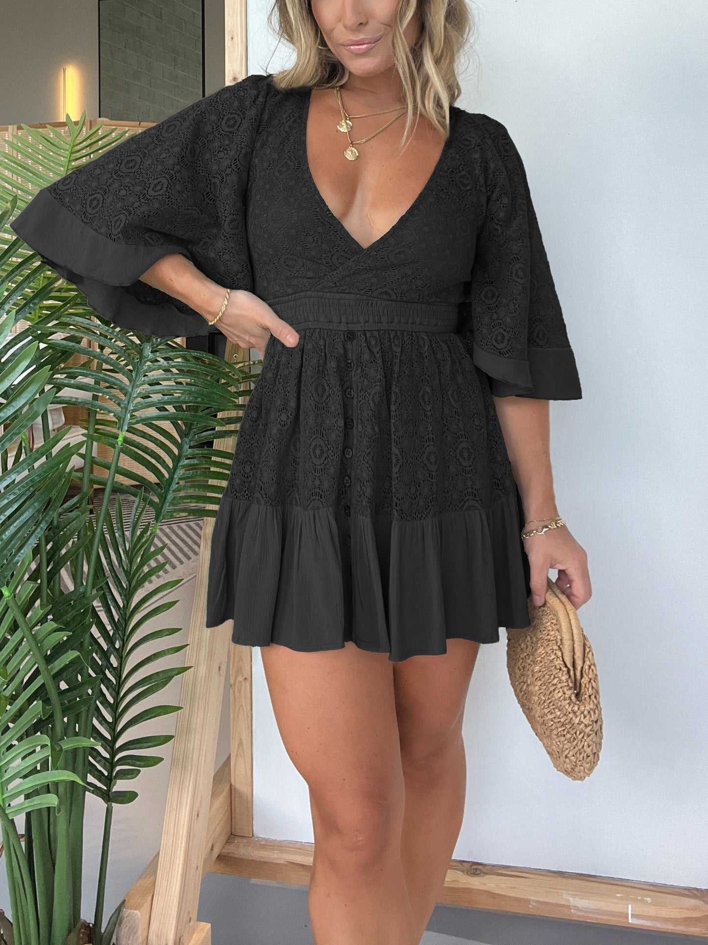 Women's Lace Romper - Deep V-Neck - Flared Sleeves - Fitted Waist - Tiered Hem