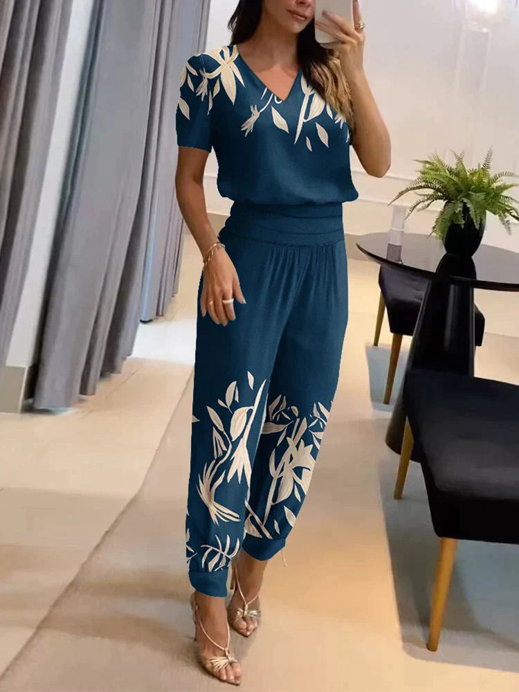 Women's Two-Piece Set – V-Neck Short Sleeve Top & Elastic Waist Pants – Relaxed Fit