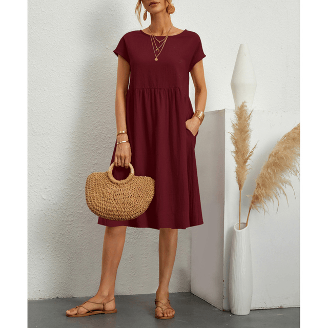 Women's Cotton Linen Short Sleeve Midi Dress