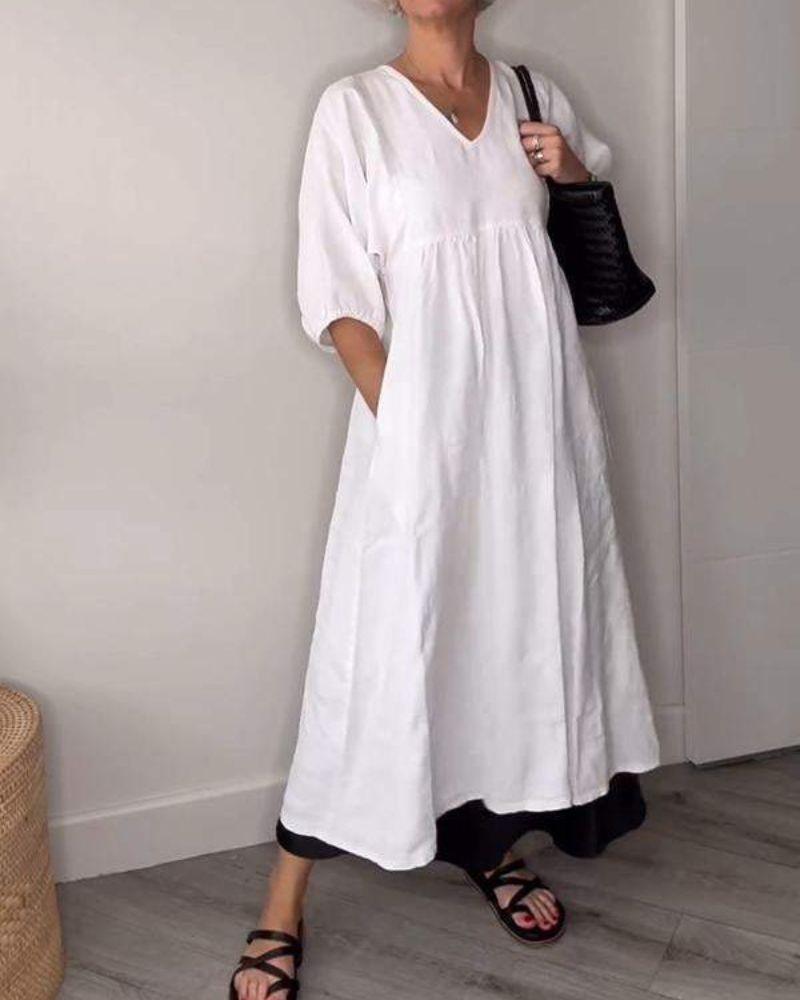 Women’s Mid-Length Dress – V-Neck – Relaxed A-Line Fit – Lightweight Cotton – With Pockets