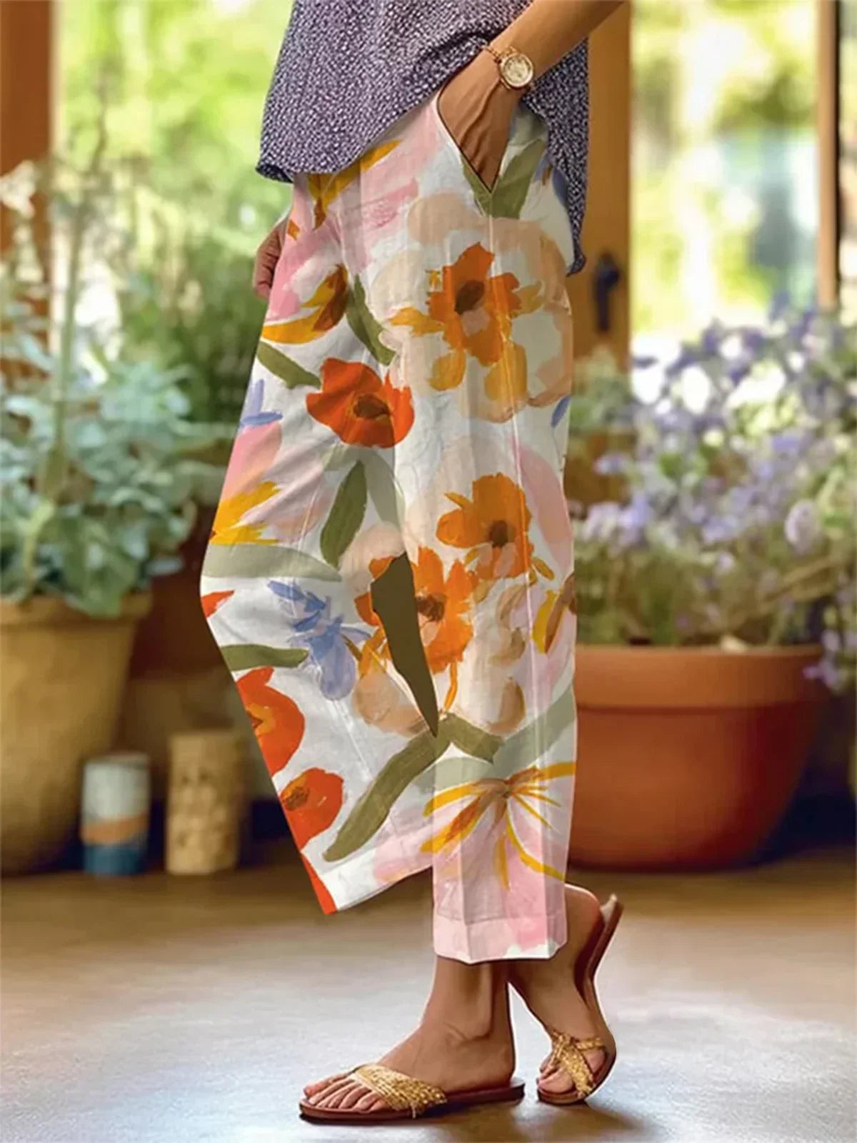 Women’s Wide-Leg Trousers – Breathable Blend – Relaxed Fit – Bold Floral Print – Full Length