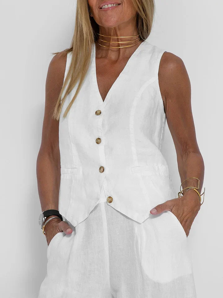 Women's Tailored Vest - Lightweight Linen - Fitted Buttoned Front - Versatile Formal & Casual