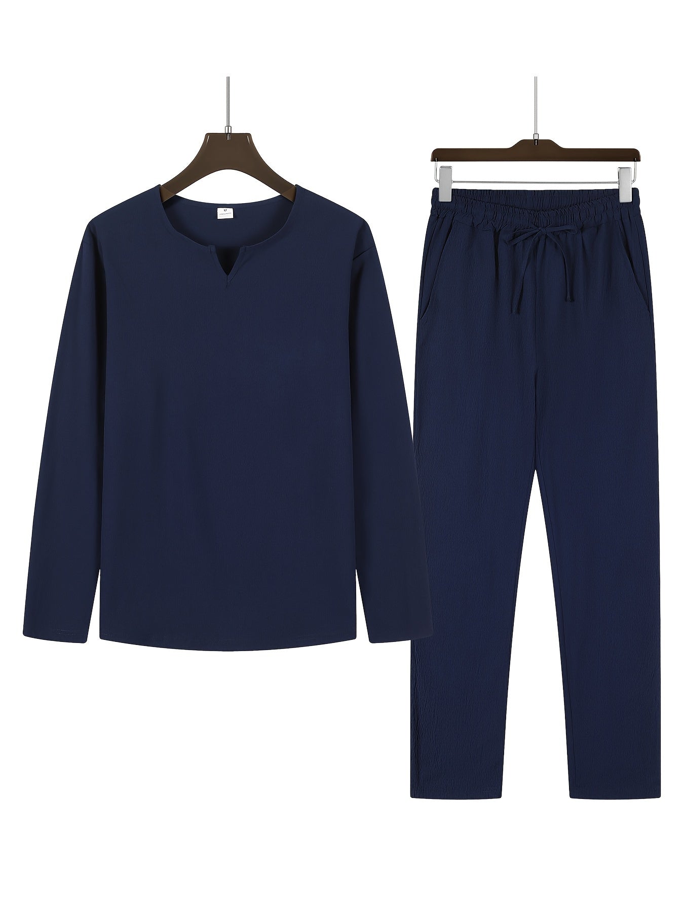 Men's Casual Two-Piece Outfit - V-Neck Long Sleeve Top & Relaxed Fit Trousers