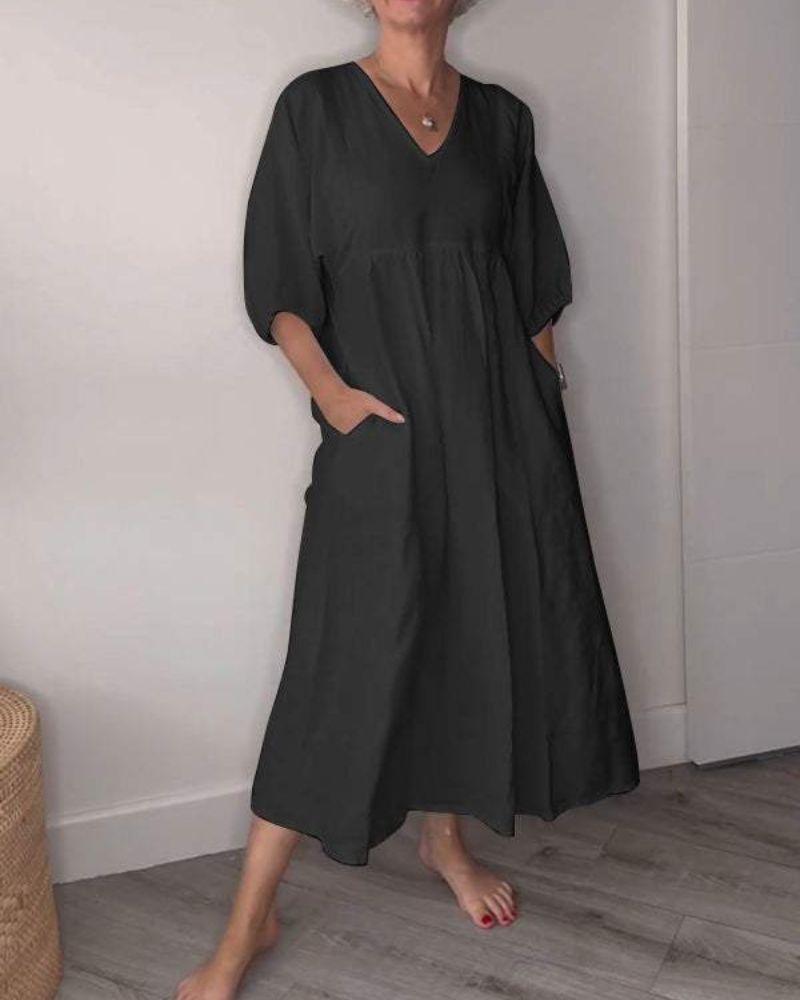 Women’s Mid-Length Dress – V-Neck – Relaxed A-Line Fit – Lightweight Cotton – With Pockets