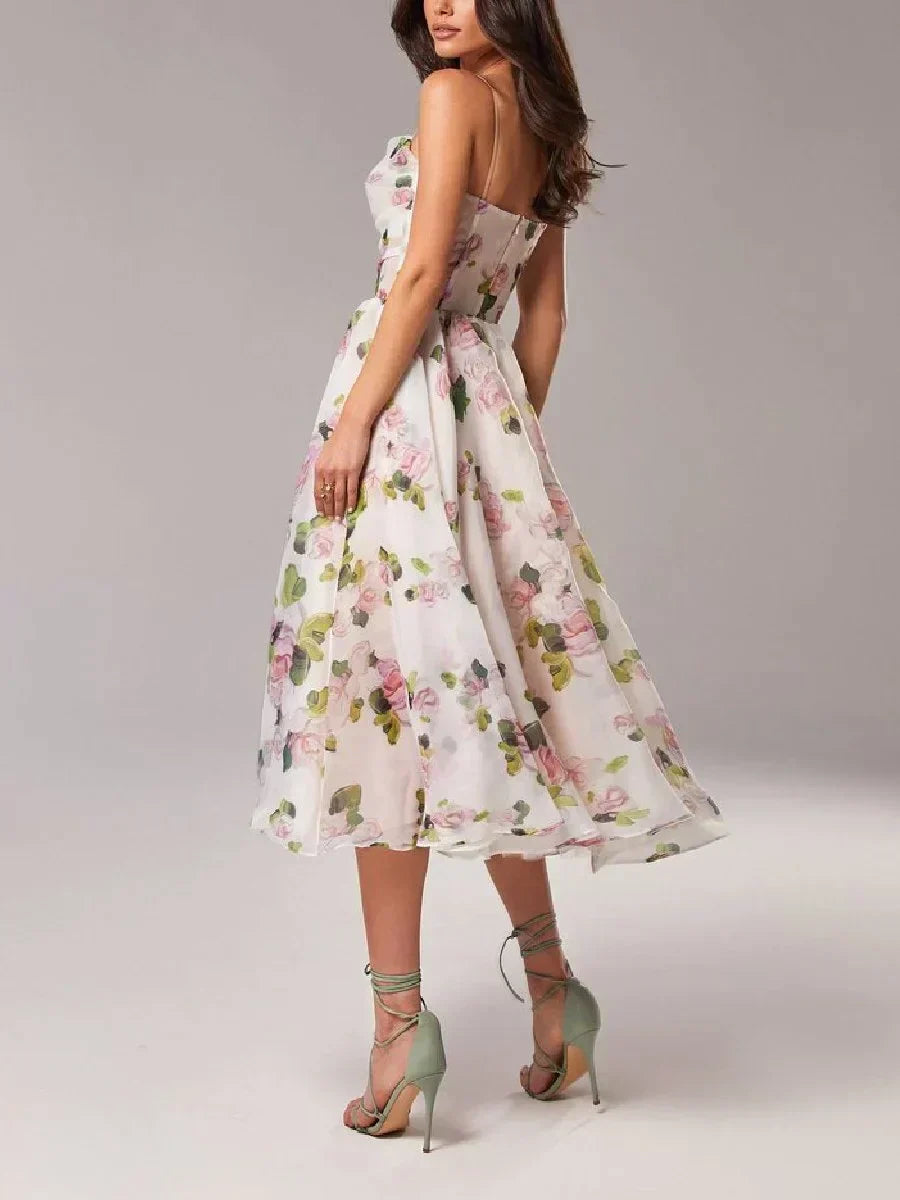 Women’s Midi Dress – Chiffon A-Line – Spaghetti Straps – Floral Print Elegant Fit