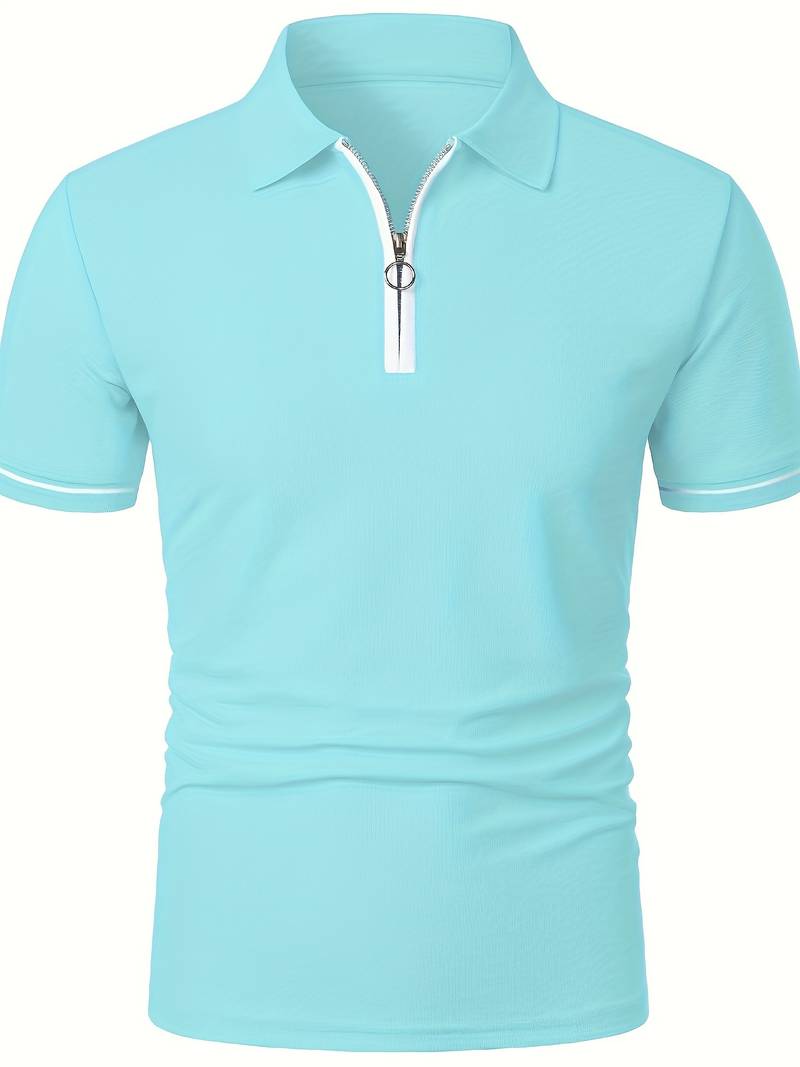 Men’s Polo Shirt – Slim Fit – Short Sleeve – Quarter Zip – Stylish Contrast Detail