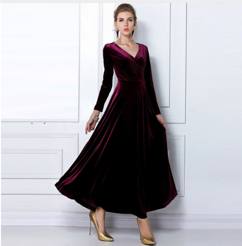 Women’s Evening Dress – Velvet Texture – A-Line Fit – Deep V-Neck – Long Sleeve