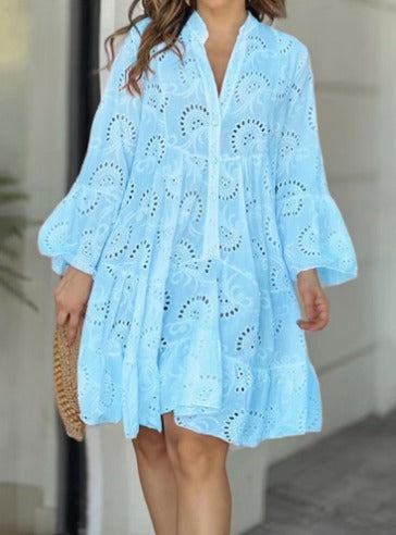 Women’s A-Line Dress - Eyelet Embroidery - V-Neck - Balloon Sleeves - Knee-Length