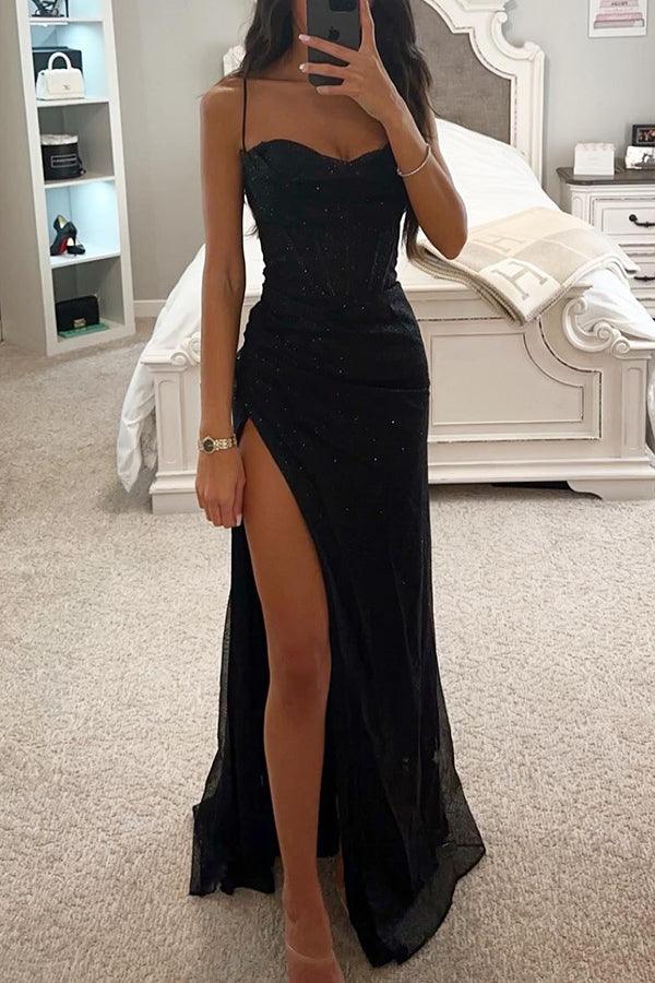 Women’s Evening Gown – Sweetheart Neckline – Spaghetti Straps – High Slit – Embellished