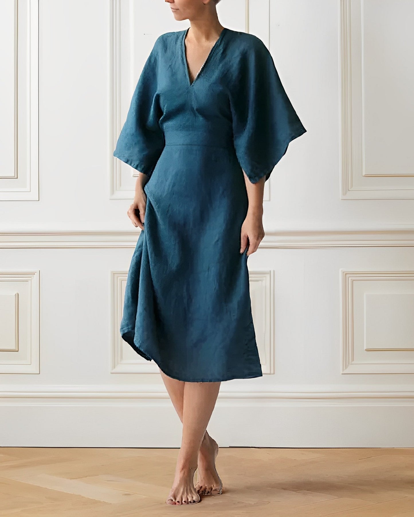 Women's Wrap Dress - V-Neck - Kimono Sleeve - Tailored Waist - Midi Length Elegant