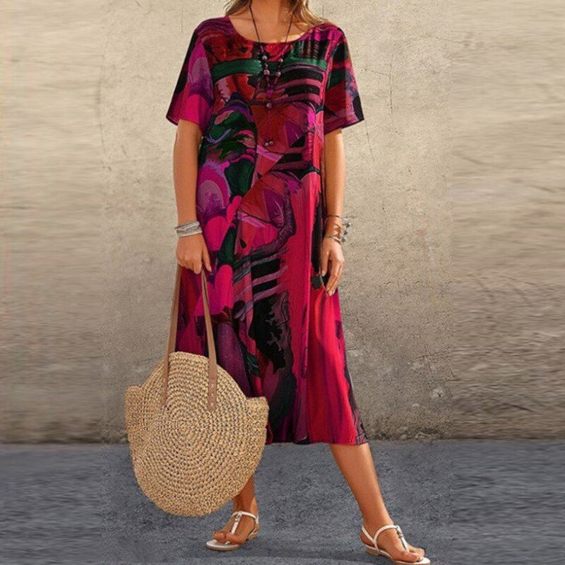 Women’s Casual Dress – Loose Fit – Short Sleeve – Abstract Pattern – Mid-Length