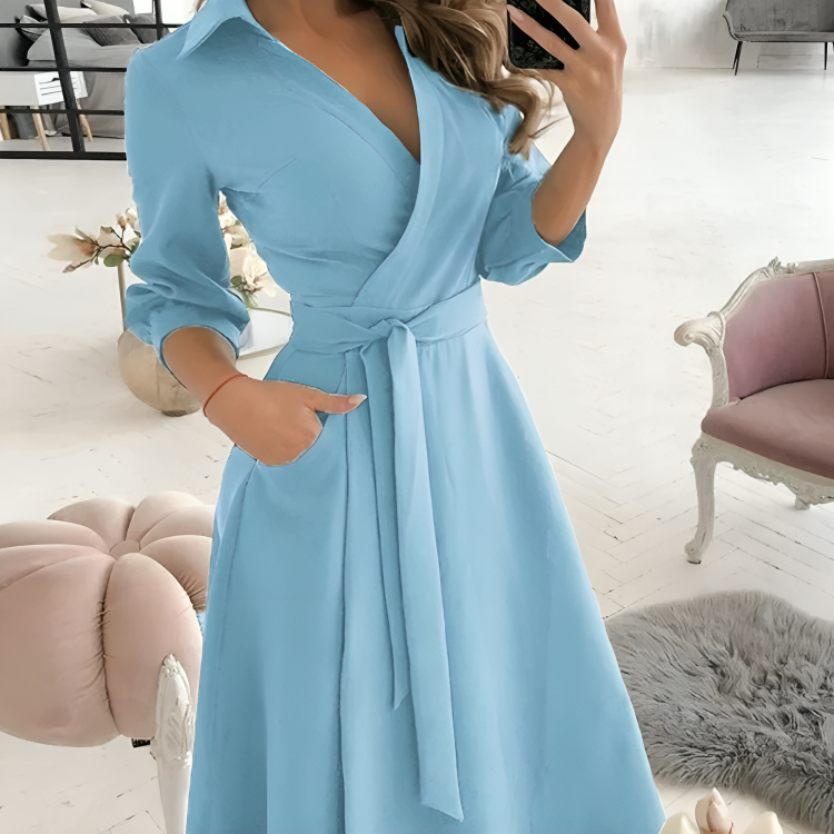 Women's Wrap Dress - V-Neck - Self-Tie Waist - 3/4 Sleeve - Flowy A-Line Silhouette
