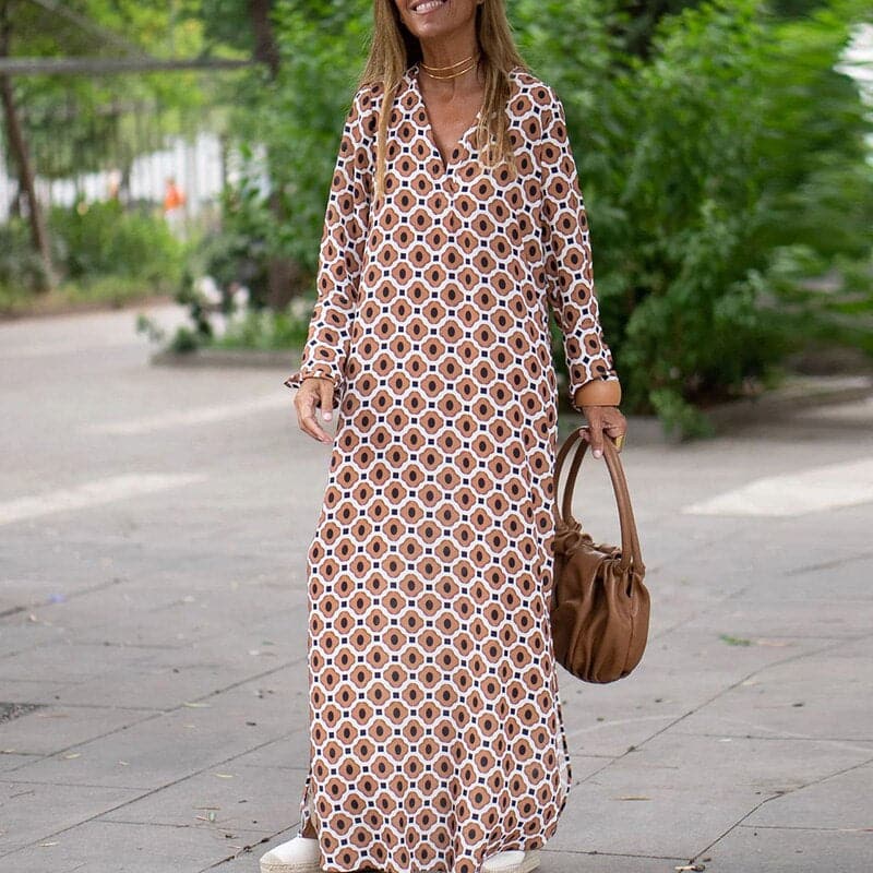 Women’s Maxi Dress – Loose Fit – V-Neck – Long Sleeve – Side Slits – Bold Print