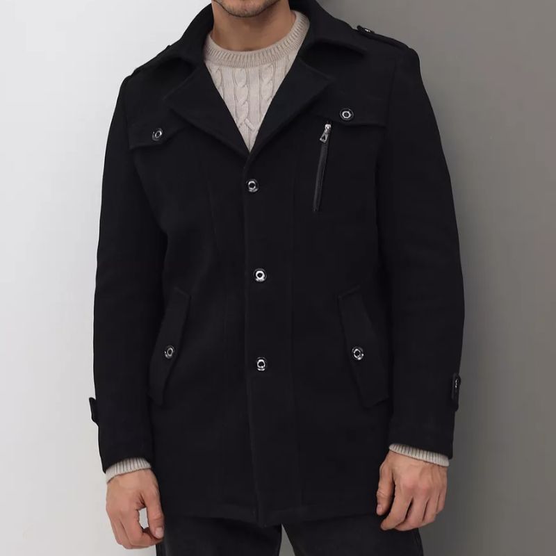 Men’s Mid-Length Coat – Tailored Fit – Wool Blend – Notched Lapel – Button Front