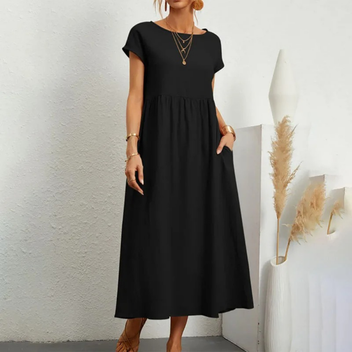 Women's Linen Maxi Dress - Short Sleeve - Round Neck - Empire Waist - Relaxed Fit