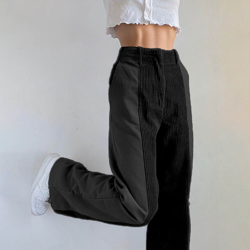 Women's Trousers - High Waist - Flared Wide Leg - Ribbed Side Detailing - Casual Fit