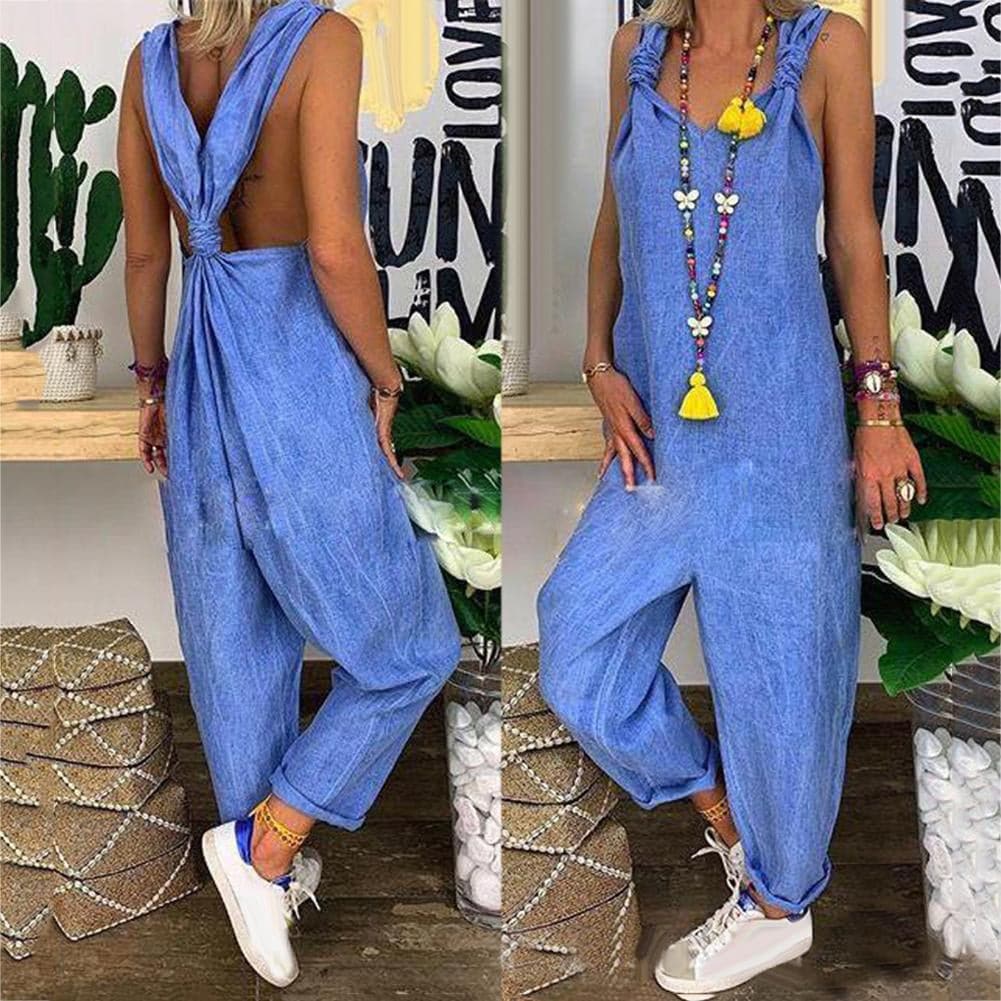 Women’s Jumpsuit – Relaxed Fit – Breathable Blend – Knotted Straps – Open Back