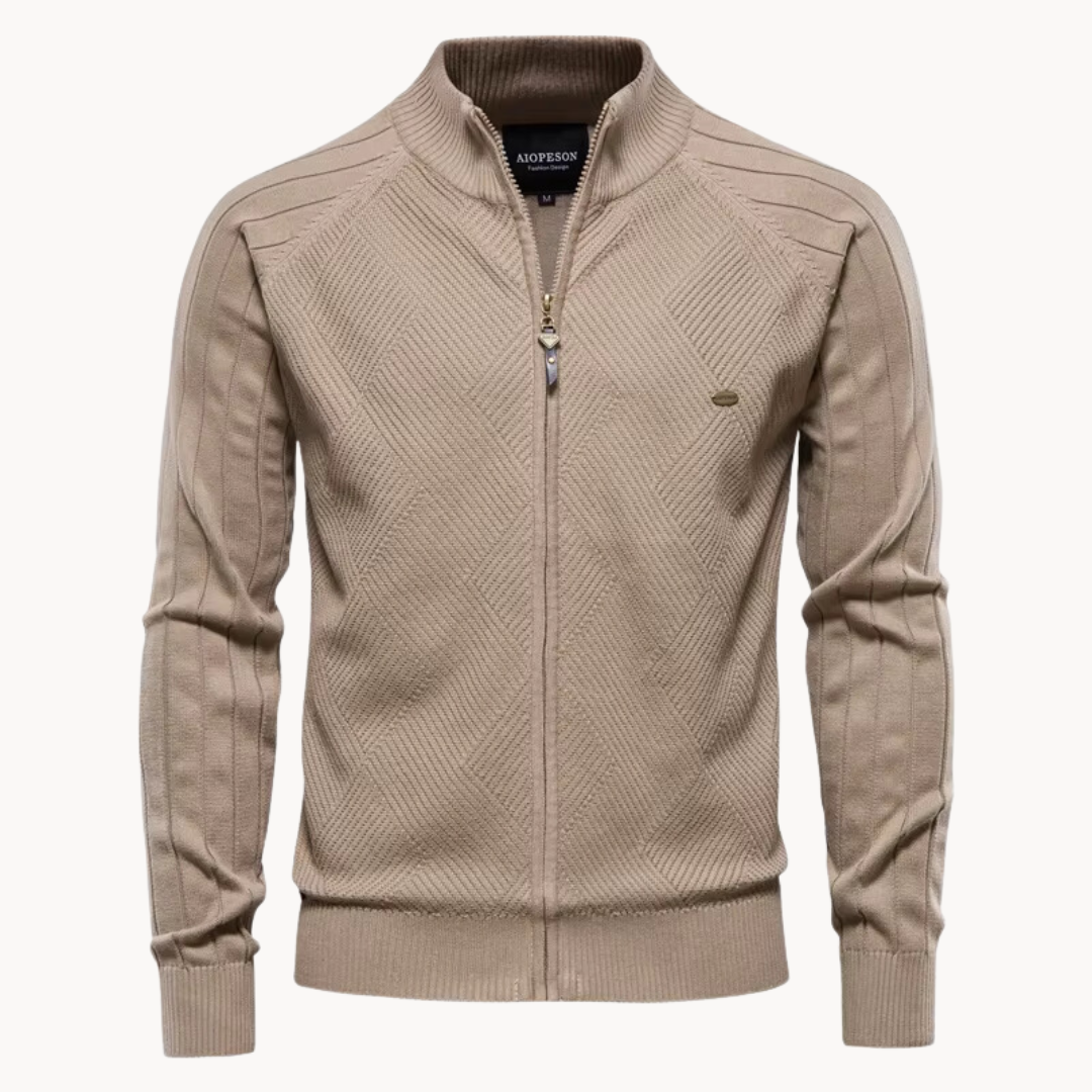 Men’s Jacket – Slim Fit – Knitted Wool Blend – Zip-Up – Ribbed Trim – Herringbone Pattern