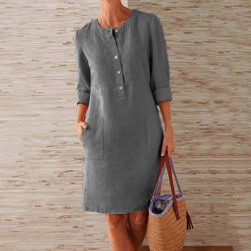 Women’s Shirt Dress – Relaxed Fit – Breathable Blend – Button Front – Knee Length – Pockets