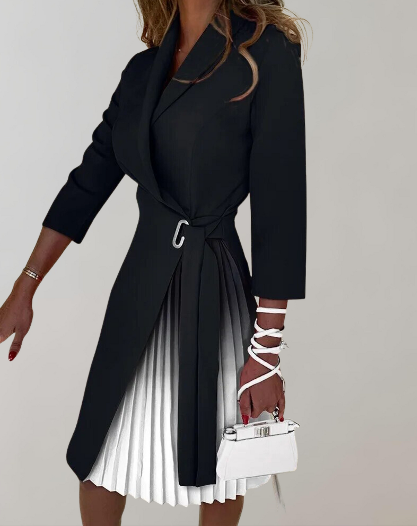 Women’s Midi Dress – Tailored Fit – Pleated Skirt – Notched Neck – Belted Waist – 3/4 Sleeve