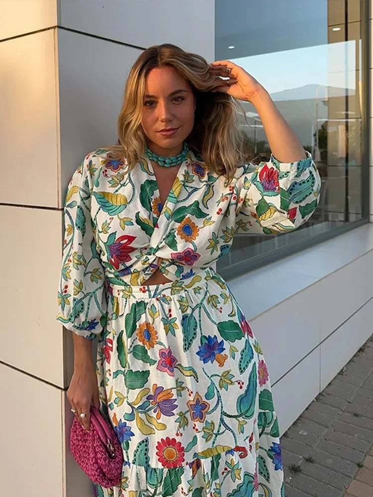 Women's Maxi Dress - Bohemian Style - V-Neck Wrap - Long Sleeve Tiered Skirt